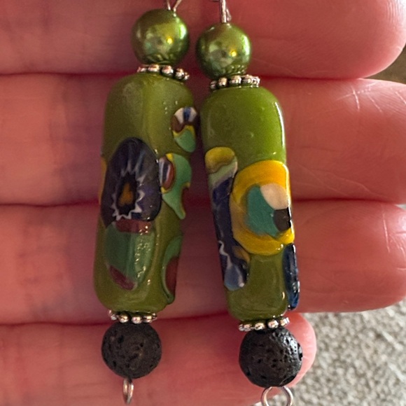 Hand Crafted Green Painted Floral Earrings - Picture 2 of 2